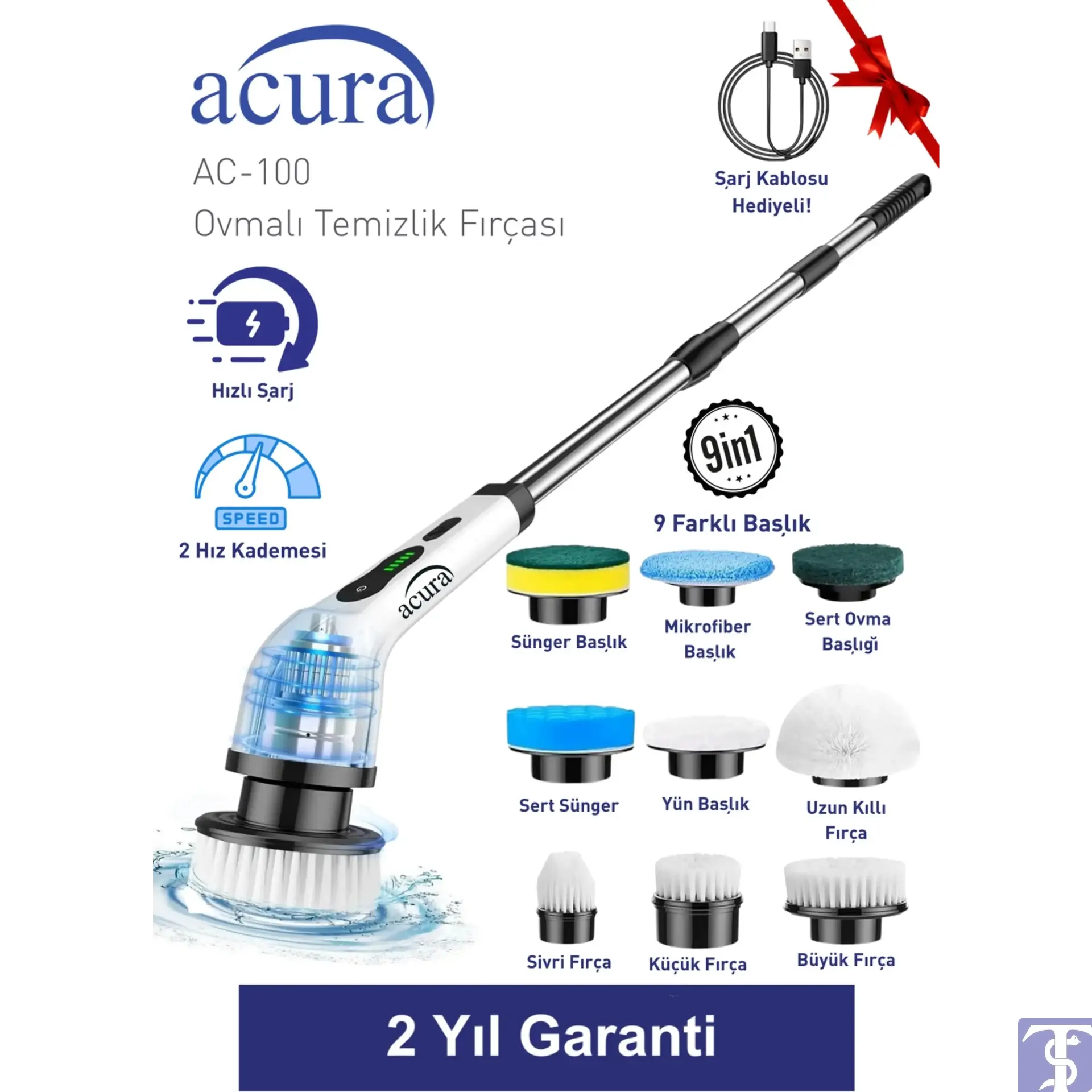 AC-100 SpinScrubber 9 Başlıklı Şarjlı Temizlik Fırçası
