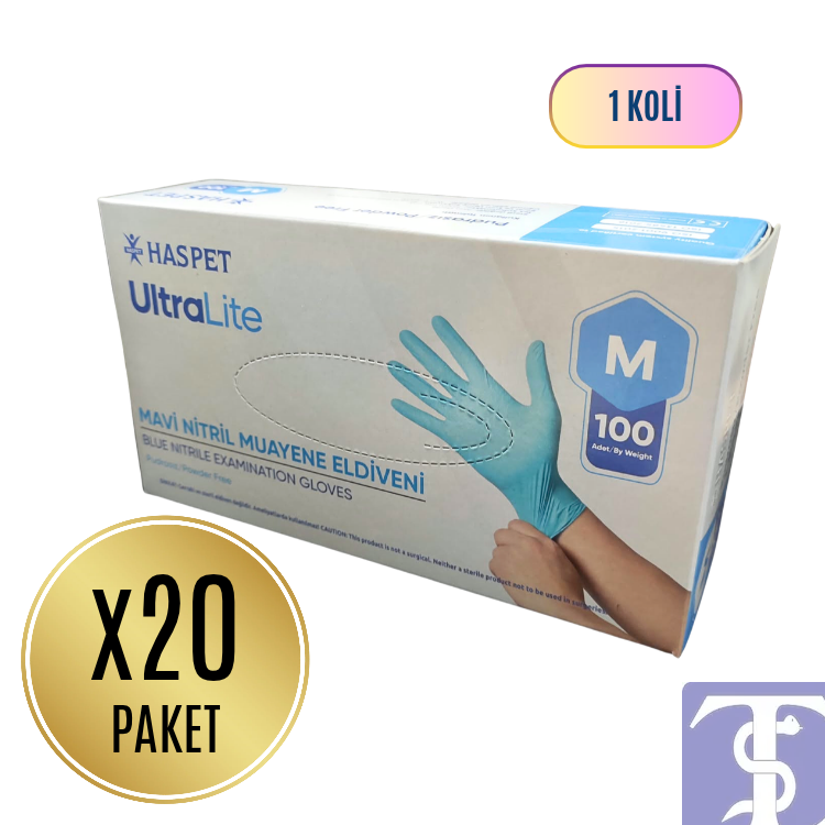 Haspet UltraLite Non-Steril Mavi Nitril Muayene Eldiveni M Beden – 20 Paket