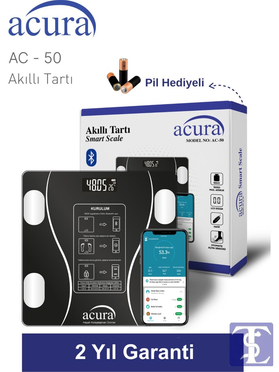 Acura AC-50 Baskül (Yağ & Su & Kas ve Kilo Ölçer) Akıllı Tartı