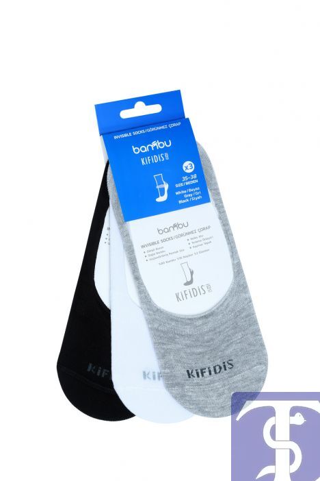Kifidis Unisex Bambu Görünmez Çorap 3 Çift (Siyah-Beyaz-Gri)